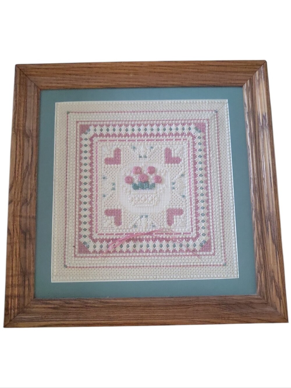 Vintage Handmade Cross Stitch Basket Heart Framed Art Cottagecore Country Granny